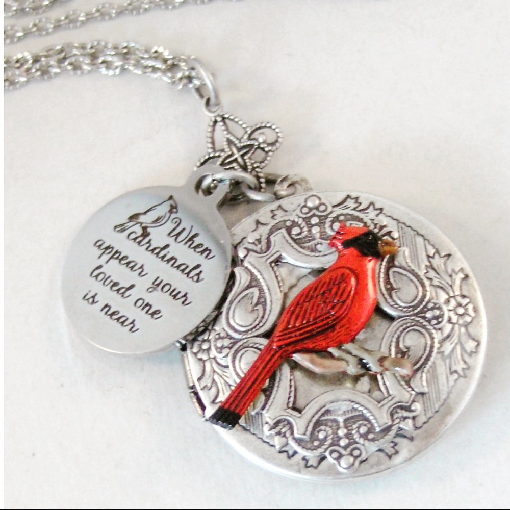 Cardinal Locket Cardinal Necklace Cardinal Locket Silver Antique Memorial Vintag